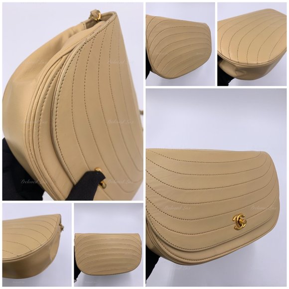 Authentic CHANEL Vintage Lambskin Half Moon Flap Bag Beige / gold hardware - Picture 9 of 17
